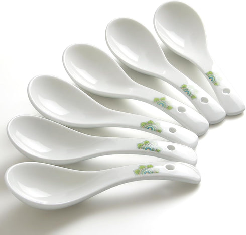 Set of 6 5.5" Asian Soup Spoons, White Ceramic Chinese Soup Spoons for Ramen, Pho, Wonton, Miso