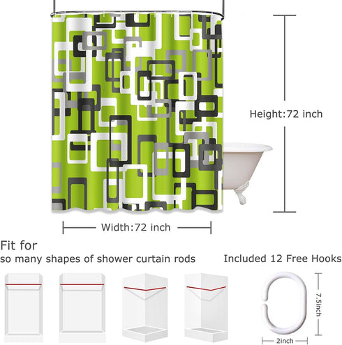 Shower Curtain Set, Modern Lime Green Black Gray White 72"x72" Waterproof Bath Bathroom Curtain with Hooks