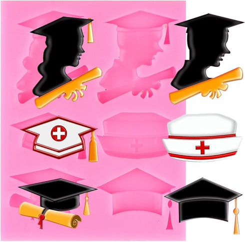 Nurse Graduation Themed Silicone Mold for DIY Cake Decoration, Doctor Nurse Grad Hat Fondant Molds, Cupcake Topper,