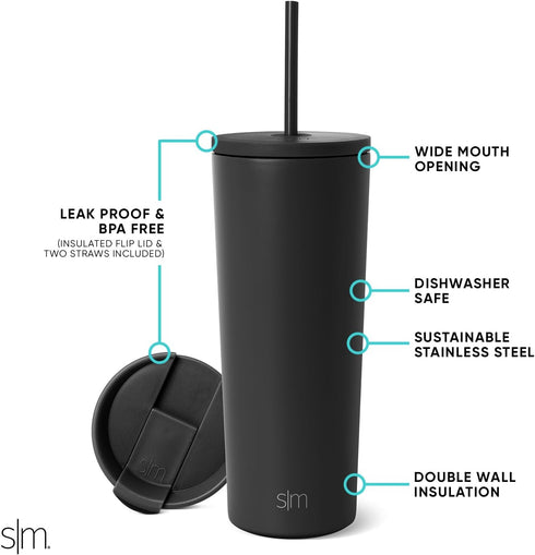 Simple Modern Insulated Tumbler with Lid and Straw, 24oz Iced Coffee Cup, Midnight Black
