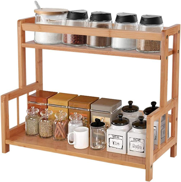 Ufine 2 Tier Bamboo Spice Rack Organizer Kitchen Countertop Storage Shelf Free Standing Holder for Various Bottles,