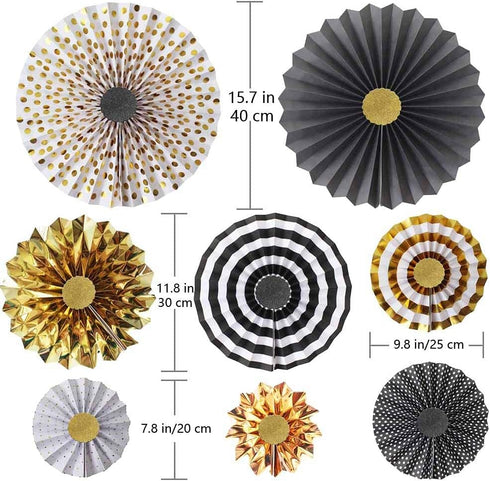 Set of 8 Gold Black Paper Fans Flower for Halloween Party Decorations, black2
