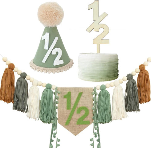 6 1/2 Half Birthday Decorations Baby Boy,Sage Green Months High Chair Banner With Cone Hat And Cake Topper,Jungle Theme