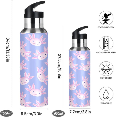 Cute Pink Axolotl Water Bottle, 32 oz Insulated Stainless Steel, BPA-Free, with Straw Lid for School, Office, Gym,
