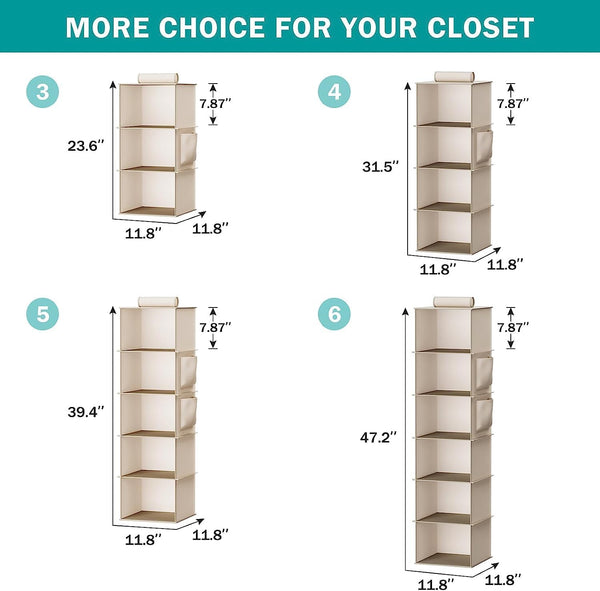 Hanging Closet Organizer, 6-Shelf Storage with Side Pockets, Beige for Closet Organization
