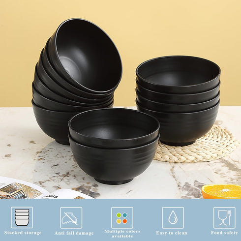 Berglander Set of 12 Black Plastic Bowls, 25oz Reusable Ramen, Soup, Cereal Bowls for Home, Restaurant, Outdoor Use