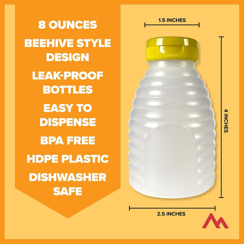 8oz pack 6 Pinnacle Mercantile Refillable HDPE Plastic Honey Bottles - Easy Squeeze, leak-proof, BPA-Free, and Made