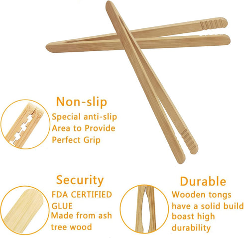 8 Pcs 7 Inch Bamboo Kitchen Utensil Tongs, Reusable Toast Tongs for Kimchi, Fruit, Tea