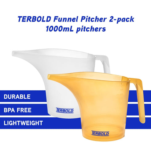 Funnel Pitcher with Spout 2pc Set, 1 Liter Plastic Measuring Pitchers for Cake and Pancake Dispenser