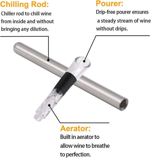 DERNORD 3-in-1 Wine Chiller, Stainless Steel Bottle Cooler Stick with Aerator and Pourer for Chilling Wine