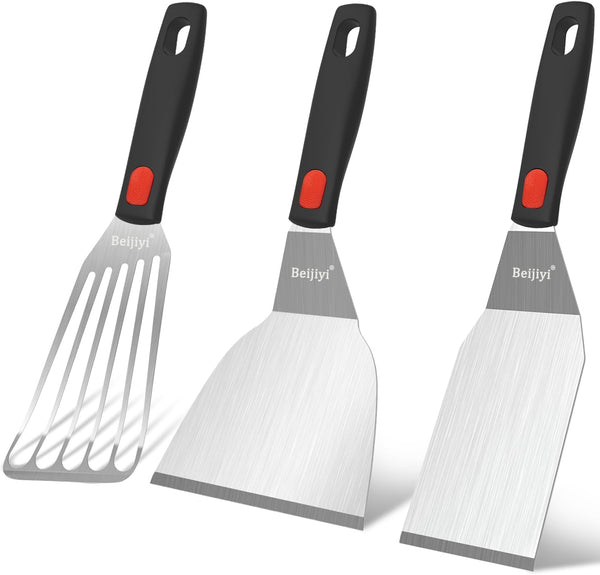Beijiyi Heavy Duty Stainless Steel Spatula Set, Small Metal Spatula with Silicone Handle for Cooking