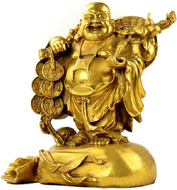 Fengshui Statue Buddha, Brass Laughing Buddha Carrying Bag, God of Wealth Figurines