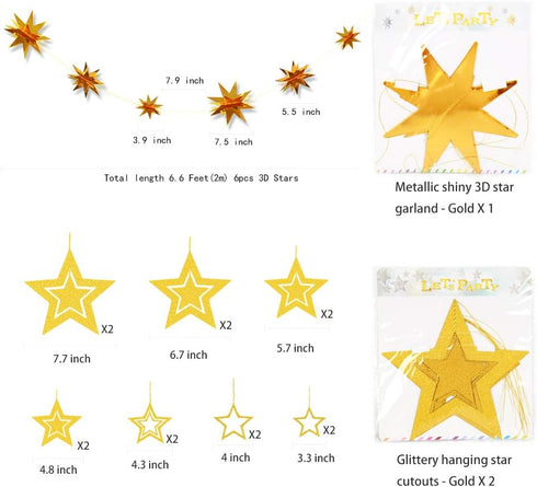Decor365 Gold Star Garland, Glittery Gold Party Supplies for Baby Shower, Birthday, Christmas