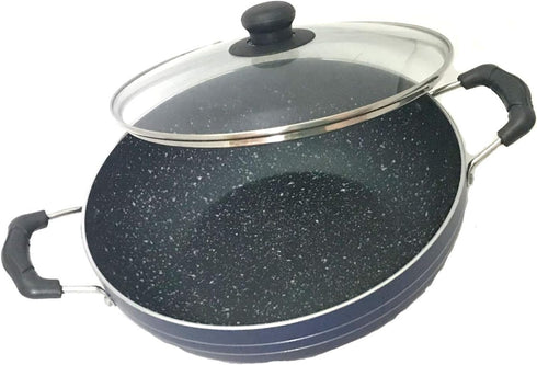 Non Stick Kadai with Glass Lid, Deep Stir Fry Pan for Gas and Induction Cooktops, 2.2 Litre Aluminium