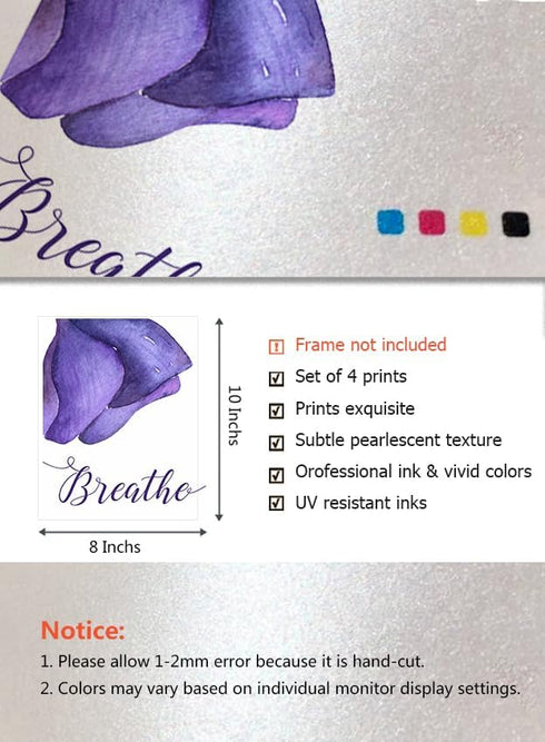 heshengzaixian Purple Flower Bathroom Wall Art Print, Mauve Rose Floral Relax Soak Unwind Quotes, Set of 4, 8X10in