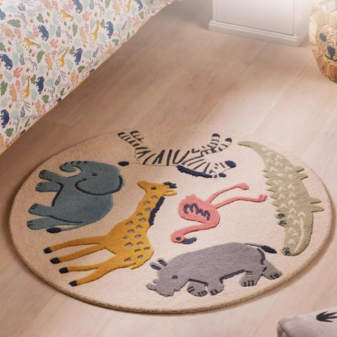Poowe Rug,47.2" Cute Animals Kids Room Round Washable Area Rugs Rabbit Rug Nursery Rug for Baby Boys Girls Play Mat