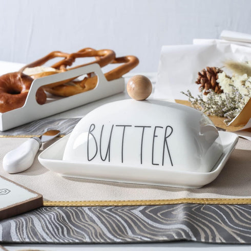 Farmhouse Decorative Kitchen Countertop Butter & Cream Cheese Dish with Lid, White Butter Keeper with Cover
