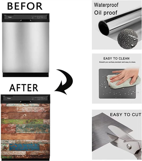 Old Wood Plank Dishwasher Magnetic Cover, Self Adhesive Magnet Refrigerator Decal, Home Appliances Decorative Stickers