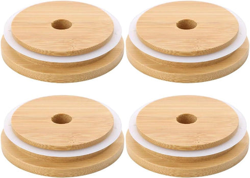 TOUSHI 4 Pcs Regular Mouth Bamboo Mason Jar Lids, Reusable Bamboo Caps with Straw Hole for Glass Canning Jars