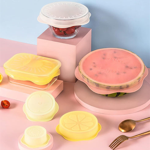 Food Storage Silicone Stretch Lids Set, 6 Pcs Different Sizes, Fruit Pattern Food-grade Reusable Covers, Microwave Safe