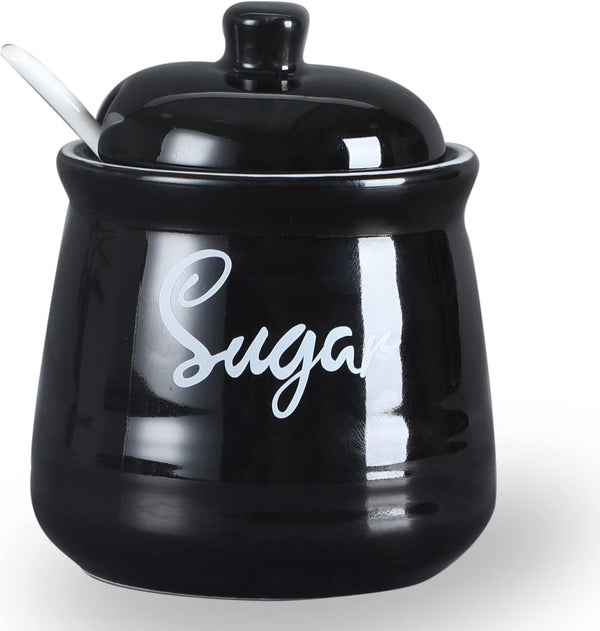 HAOTOP Farmhouse Porcelain Sugar Bowl with Lid and Spoon, 12oz, Easy to Clean (Black)