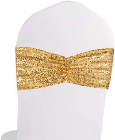 Eternal Beauty Set of 10 Gold Sequin Chair Bows, Sashes for Wedding Party Decorations