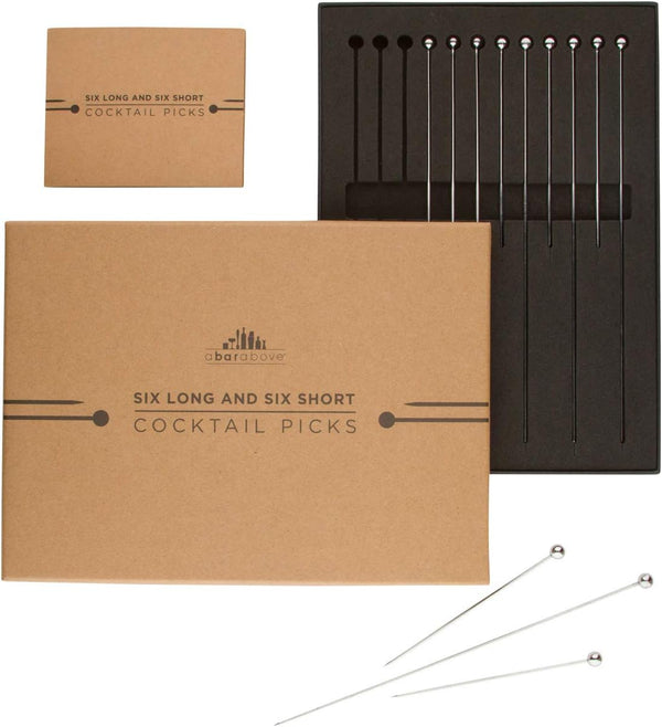 A Bar Above 12 Stainless Steel Cocktail Picks, 8-Inch Durable Skewers for Bloody Marys, Appetizers, Reusable Drink Stir