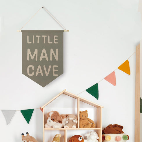 Qpenm Little Man Cave Hanging Wall Canvas Banner, Kids Playroom Hanging Pennant Flag Prints, Nursery Boy Wall Decor