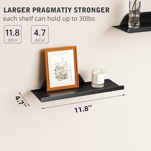 12") Floating Shelf for Wall, Wall Shelf, Off Center Metal Shelf for Decor, Modern Hanging Shelf for Storage with Lip