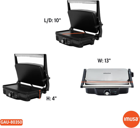 IMUSA Stainless Steel Electric Panini Press with Adjustable Temperature Settings, 1200W