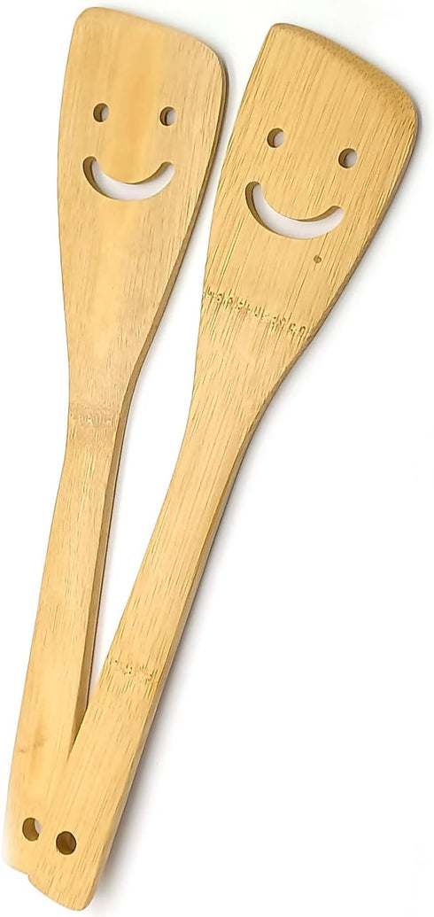2-Piece 12-Inch Bamboo Smiley Face Wooden Spoons & Spatula Kitchen Cooking Tools for Nonstick Cookware and Wok