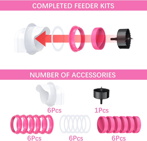 6 Pack 6 1 Chicken Feeder Port, Chicken Feeders No Waste with Lids Drill Bit, DIY Automatic Poultry Feeder Cups Kit