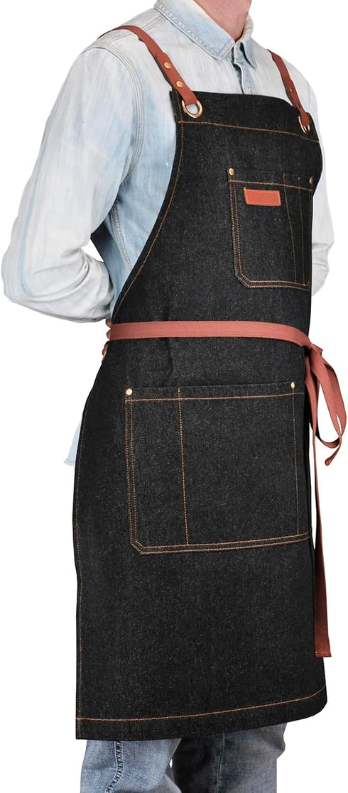 Professional Black Denim Apron with Pockets, Cooking Chef Kitchen Grill BBQ Hairstylist Apron with Leather Straps