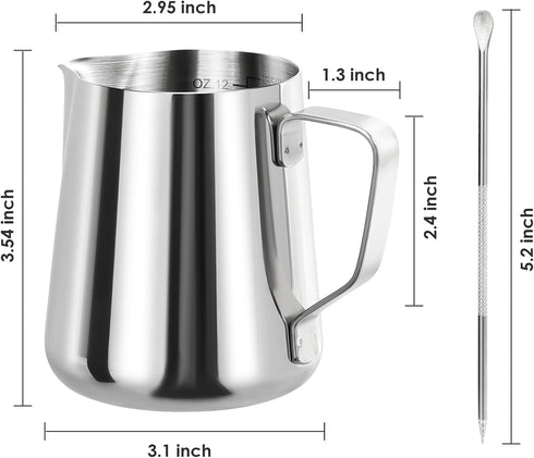 Milk Frothing Pitcher, 12oz Espresso Steaming Pitcher, Stainless Steel Milk Jug Cup with Decorating Pen