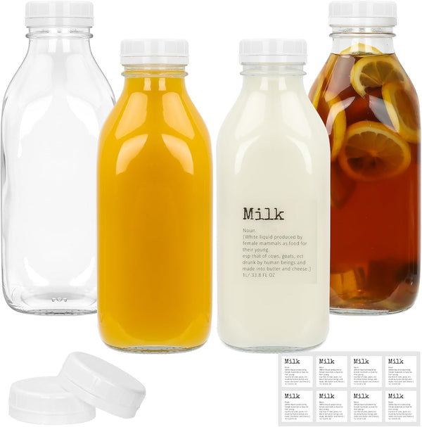 DHSBTLS 4 Pcs Glass Milk Bottles - 33.8 Oz Reusable Containers with Lid for Fridge, Airtight Heavy Duty Juice Jar