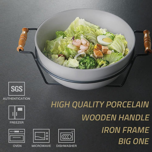 Sweejar 9" Large Porcelain Bowl for Salad, Popcorn, Fruit Snacks, 2.8 Quarts, Gray, Serving for Family Party