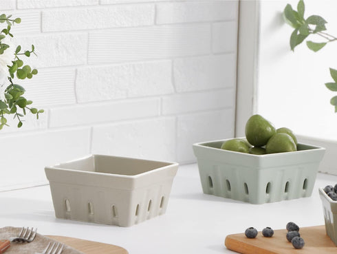 Set 2, 5.7 inch, ONEMORE Ceramic Berry Basket, Square Fruit Bowls, Rustic Stoneware Berry Colander of Gray & Light