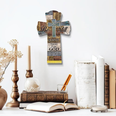 Qswo Wood Cross for Wall,Be Still and Know That I AM God Wooden Cross for Christian Home Room Shelf Wall Decor