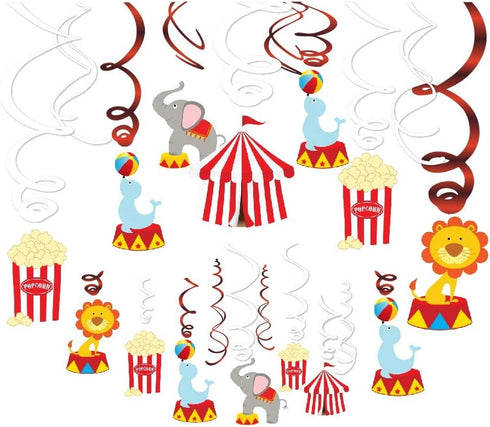 30Ct Carnival Hanging Swirl Decorations, Circus Animals Party Supplies, Baby Shower Ceiling Streamers