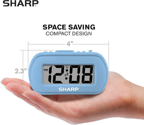 Sharp Digital Alarm Clock, Tactile Case with Soft Rubberized Finish, Battery Operated, Blue Backlight on Demand,