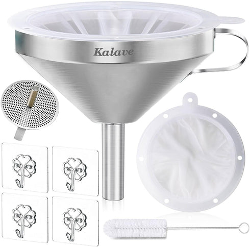 KALAVE Premium Stainless Steel Funnel, 5 Inch Food Grade Kitchen Funnel with 200 Mesh Food Filter Strainer