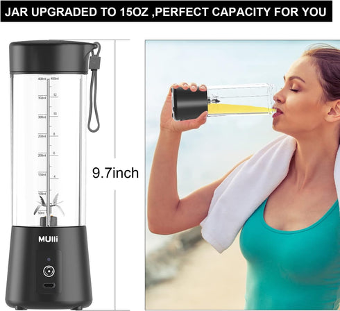 Mulli Portable Blender, 15oz Mini for Fruit Smoothies and Shakes, USB Rechargeable Mixer for Baby Food, Gym, Travel