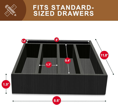 Small Kitchen Utensils Drawer Organizer, Black Wooden Flatware Tray, Silverware Divider for Fork Spoon Holder in Drawer