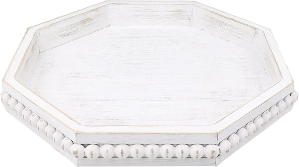 Hrastany Whitewashed Octagonal Wood Decorative Tray, Small Farmhouse Wooden Serving Tray with