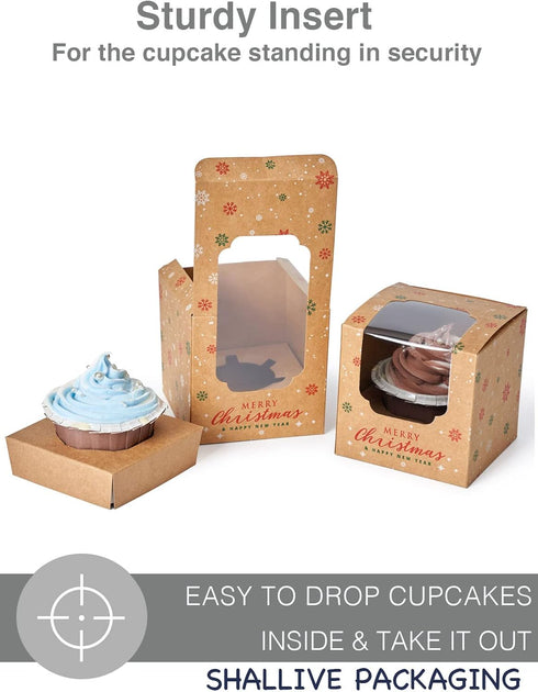Packaging 60pcs Christmas Individual Cupcake Containers with Window and Insert, Pre-Assembled Cocoa Bomb Christmas