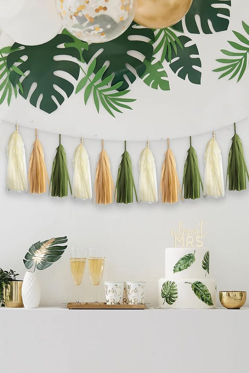 Olive-Green Tan Cream Tassel-Garland Decor - 15-Pack DIY Paper Tassels for Baby Shower Wedding Decor