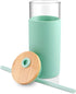 Tronco 20oz Glass Tumbler Water Bottle with Straw | Silicone Protective Sleeve, Bamboo Lid - BPA Free (Midnight Green)