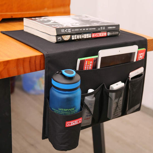 5 Pockets Bedside Caddy, Storage Organizer for Water Bottles, Magazines, Phone, Glasses (Black)