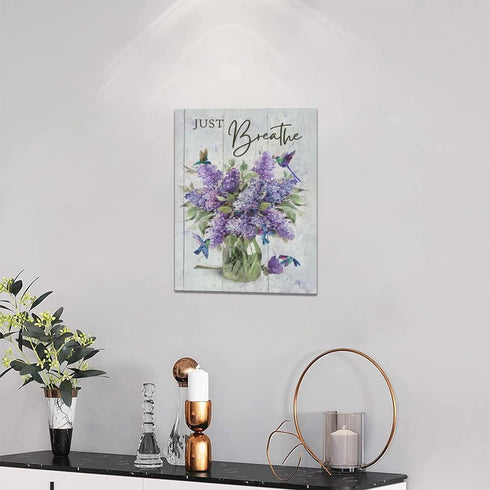 Farmhouse Lavender Bathroom Flower Decor, Just Breathe Rustic Hummingbird Canvas Painting Prints for Bedroom 12"x16"