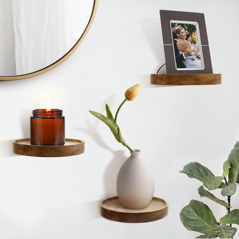 3-Pack 6'' AceList Round Floating Shelves for Wall Decor, Diameter Acacia Wood Floating Shelf, Cup Plant Wall Shelves